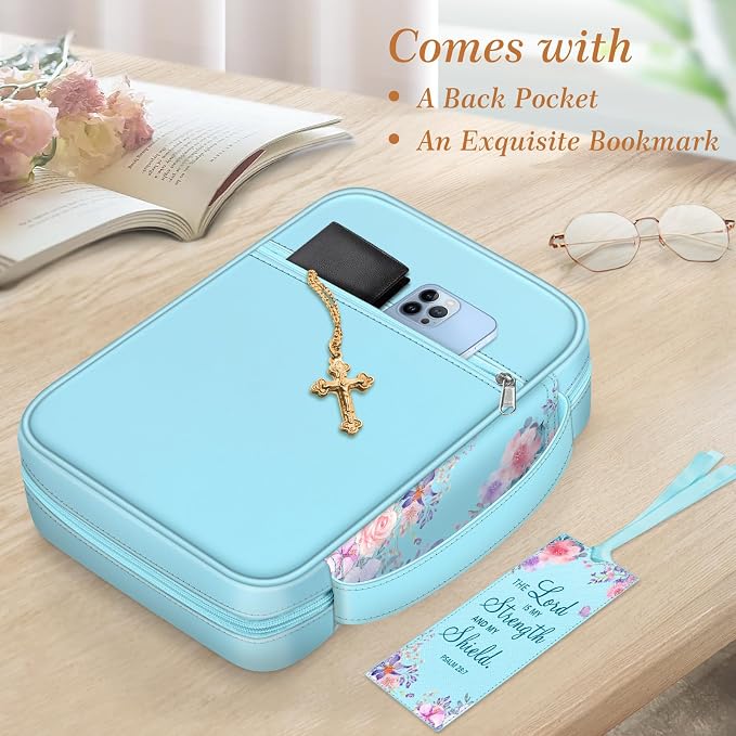 FINPAC Bible Cover, Carrying Book Case Church Bag Bible Protective with Handle and Zippered Pocket, Gift for Mother Lady Women Men, Floral Light Blue