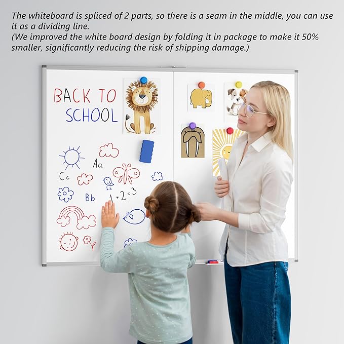 Magnetic White Board Dry Erase Board for Wall, 48" x 36" (4' X 3') Wall-Mounted Large Whiteboard for School, Classroom, Office & Home