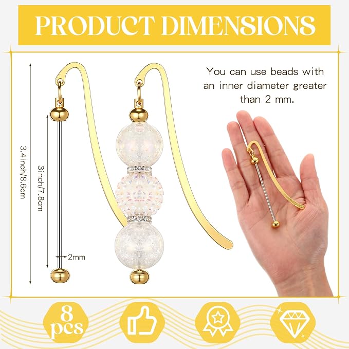 Dunzoom 8 Pcs Beadable Bookmarks DIY Metal Blank Bar Bookmark for Beads Modern Beaded Craft Jewelry Pendant Charm Gift for Book Lovers Student Teacher Office Supplies (Gold)