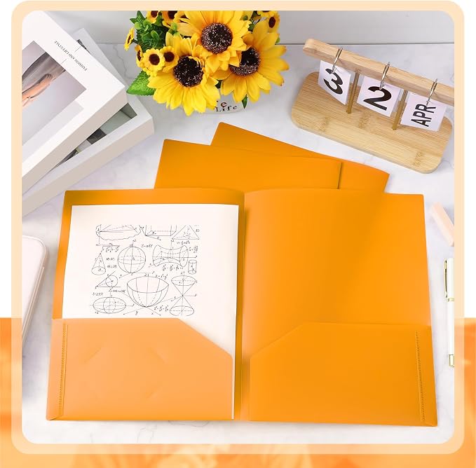 Gueevin 72 Pack Plastic Folder with Pockets, 2 Pocket Folders, Plastic Glossy Folders Fit Letter Size Paper, Heavy Duty Durable File Folder with Business Card for Home Office School (Orange)