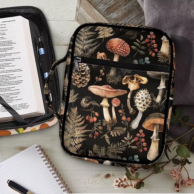Coldinair Vintage Mushroom Bible Covers Bag for Men Women,Carrying Book Case Church Bag Bible Holder with Handle and Zippered Pocket