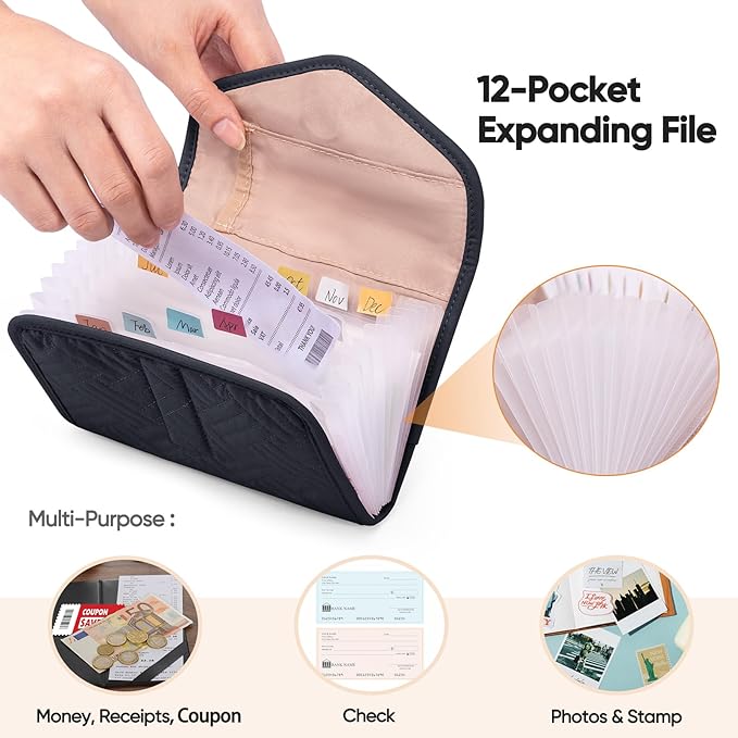Fabric Receipt Organizer 7X5 - Receipt Holder 12 Pockets - Money Organizer - Elegant Receipt Holder - Coupon Holder - Cash Organizer - Envelope Organizer - Small Accordion File Organizer