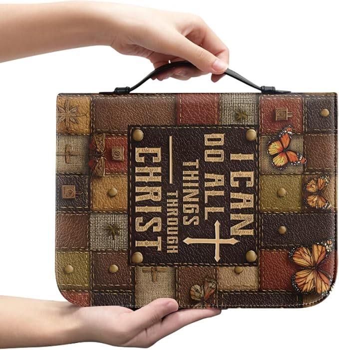 Vintage Cross and Butterfly Bible Case with Bookmark Waterproof Bible Cover Case for Women Lightweight Bible Bag with Handle Pockets Church Book Bag Brown
