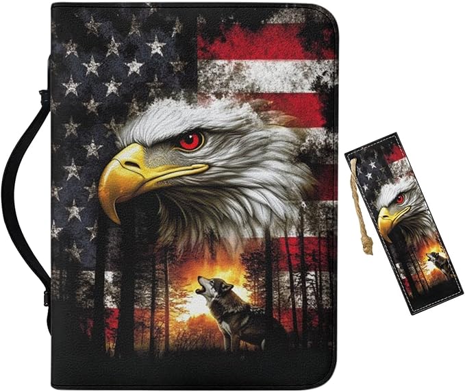 Leather Bible Covers for Men Women,Small PU Bible Bag with Bookmark Bible Case Carrying Bag Fits Book Accessory,Bald Eagle Wolf and American Flag Prints