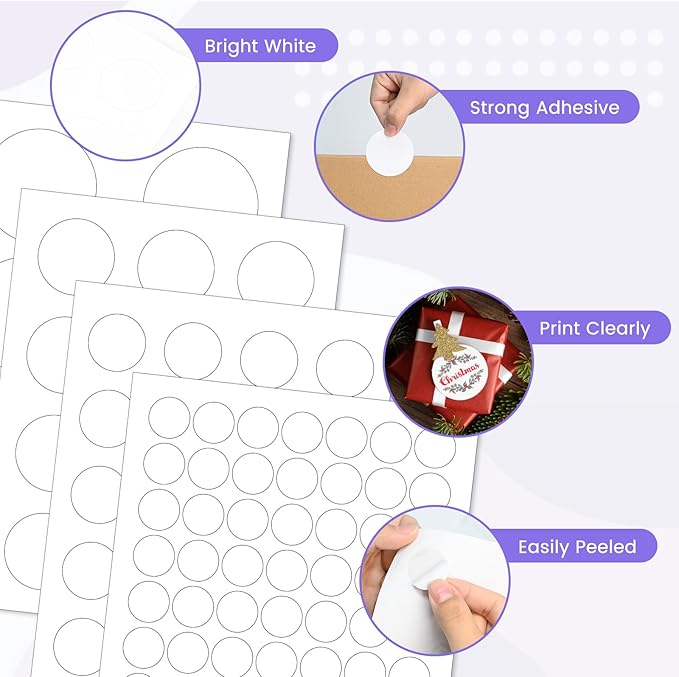 L LIKED Printable Round Labels，505 Matte White Circle Stickers with 4 Assorted Sizes（Diameter 1"，1.5"，2"，3"）, for Laser/Inkjet Printer