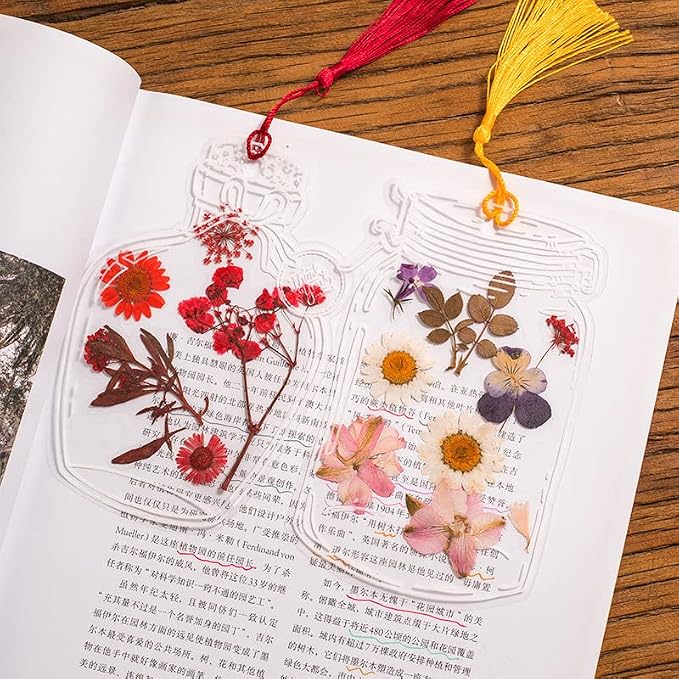 LiveOnce 60pcs DIY Dried Flower Bookmarks - Transparent PET Bookmark Kits with Tassels, Clear Sticky Sheets for Pressed Flowers, Leaves, Nature Craft, Gifts (10.5x7.5cm)