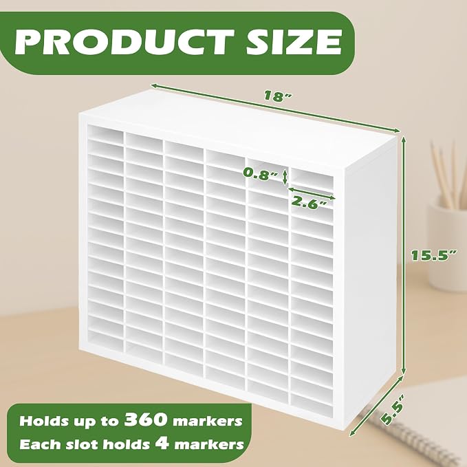 PROLEE Marker Storage Organizer for 360 Markers,Wooden Alcohol Marker Holder with 90 Slots,Markers Pens Pencils Art Supply Storage Rack for Desk Home Classroom Office Decor, White