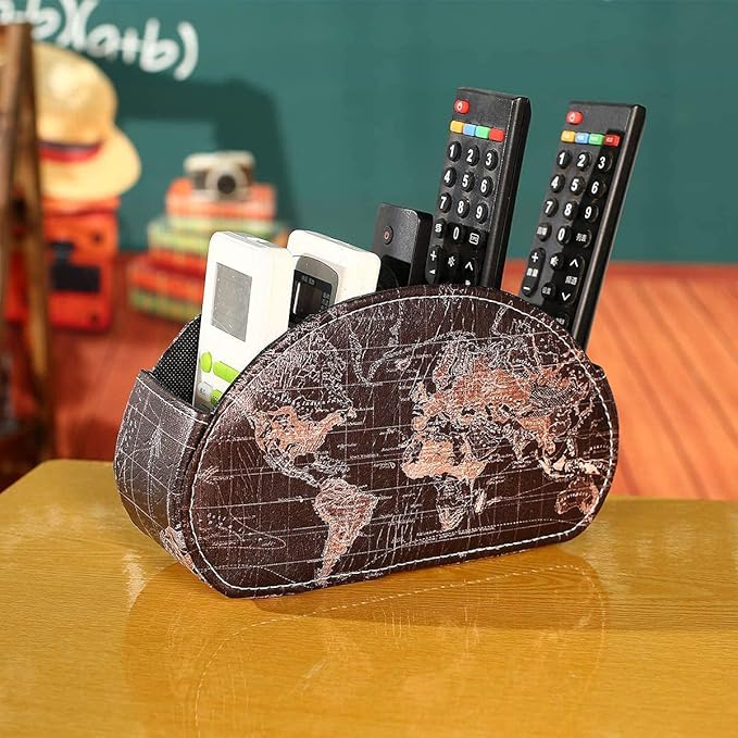 Remote Control Holder, Spacious Decorative PU Leather Makeup Organizer with 5 Compartments, Table Decor Storage Remote Caddy for TV, DVD, Blu-Ray, Office Supplies World Map Black PH56