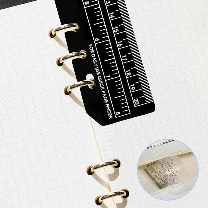 Bookmark Rulers, 4 Pcs Black and Clear Plastic Binder Ruler Notebook Rulers A5 6-Ring Page Marker Divider Pagefinder Measuring Today Ruler with Holes Book Marker