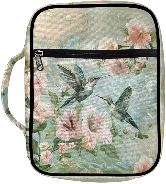 Coldinair Hummingbird Floral Bible Covers for Women Carrying Book Bible Case Church Bag Bible Protective with Handle & Zippered Pocket