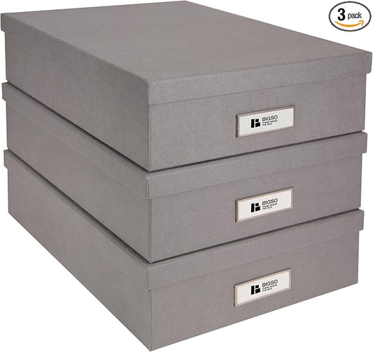 Bigso Box of Sweden Oskar Fiberboard Label Frame Document Letter Box | File Organizer for Important Paperwork with a Lid & Label Window | 3.3"x10.2"x13.8" | 3 Pack | Grey