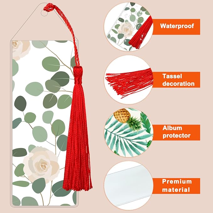 Zonon 100 Pieces 2 x 6 Clear Plastic Bookmark Sleeves with Tassels Vinyl Photobooth Bookmark Covers Blank Strip Display Holder Laminating Pouches for DIY Gift Tags School Office Party Favors