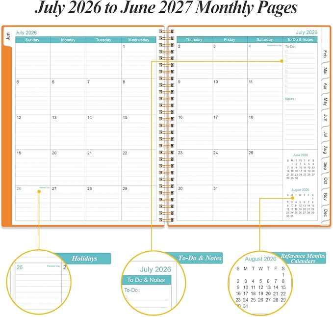 2026-2027 Planner - Planner 2026-2027 from July 2026 to June 2027 with 12 Monthly Tabs, Flexible Cover, Inner Pocket, 8.5" x 11", Orange-C