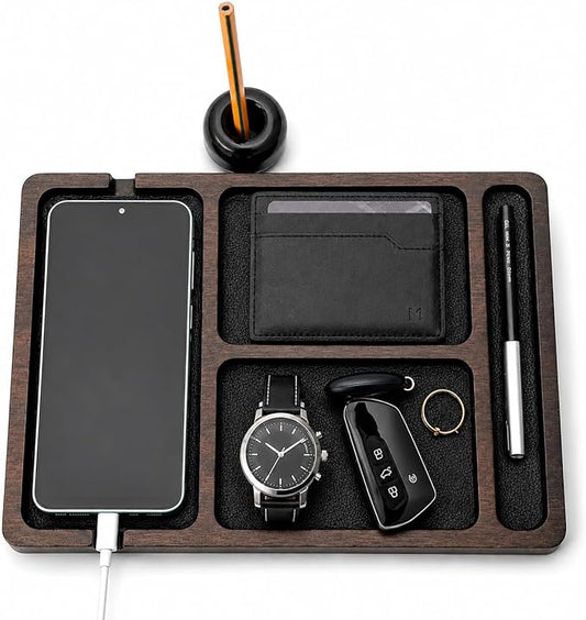 Desk Organizer Tray for Men with Ceramic Pen Holder, Wooden Valet Tray, Minimalist EDC Desk Organizer for Phone, Wallet, & Keys, Nightstand Bedside, Entryway, Birthday Gift for Men, Dad, Husband
