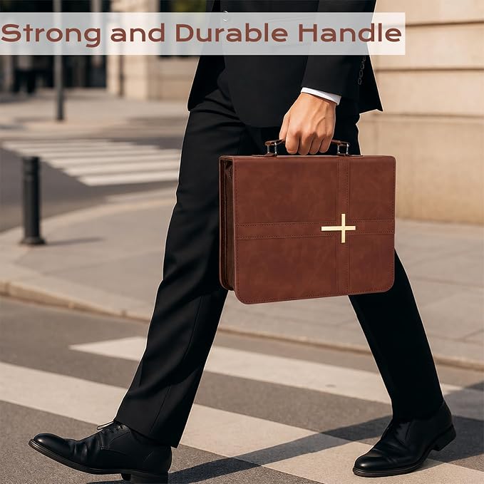 XKDOUS Bible Cover Case Leather Book Carrying Case Large Bible Bag Organizer with Cross, Handle, Pens, Tabs, Study Supplies Journaling Kit Father Day Christian Gifts for Dad, Mom, Men, Women