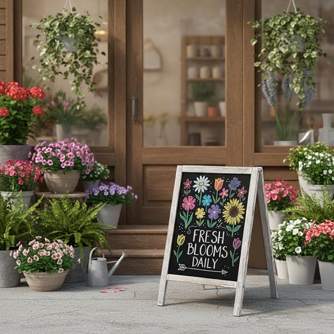 Henoyso 2 Pcs Double-Sided Tabletop Chalkboard Sign, 16"x10" Easel Rustic Wood Frame Small Chalkboard with 2 Erasers for Menu Cafes, Restaurants, Weddings Home Decor(White)