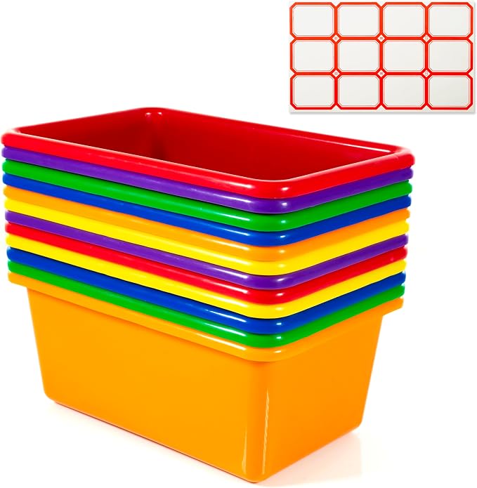 Small Cubby Bins 12 Piece Pack for Office Storage Kids Classroom or Toy Home Organizing Cube Bin with Plastic Container Self Adhesive Labels (11.6 x 7.7 x 4.9 Inch