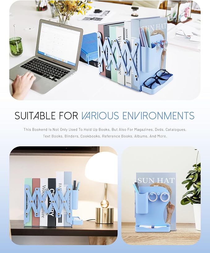 Heavy Duty Bookends Adjustable Book End, Desk Book Holder for Shelves, Book Organizer for Desk, Suitable for Office Home School (19.69 inches Max) (Light Blue)