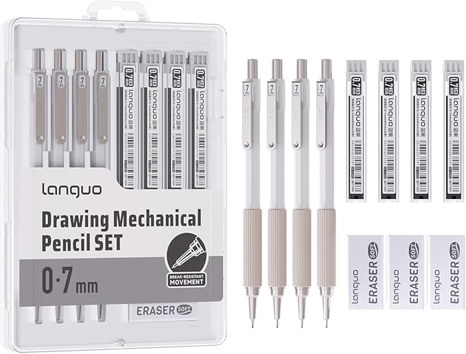 languo 0.7mm Mechanical Pencil Set with Case, 4PCS Drafting Mechanical Pencils Kit – 4 Tubes 2B Lead Refills, 3 Erasers, Ideal Pencil Set for Writing & Drawing