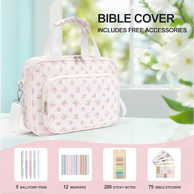 honitty Bible Bag, Bible Cover Case for Women, Quilted Bible Cover with Shoulder Strap, Bible Bags for Women Organizer