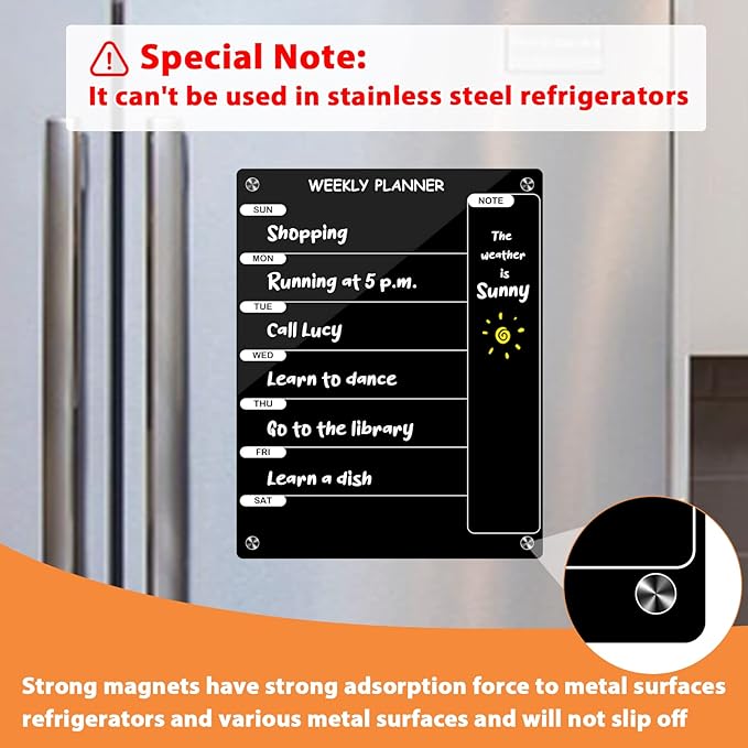 Kamehame Weekly Dry Erase Board for Refrigerator, Magnetic Weekly Calendar for Fridge, Black Acrylic Note Board, Planner Schedule Board, Double-Sided Use