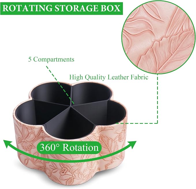 Flower Shaped Leather Art Supply Organizer,Remote Control Holder,360 Degree Spinning,Multi-Functional Pencil Holder,5 Compartments Desktop Stationary Organizer(1-Flower Pink)