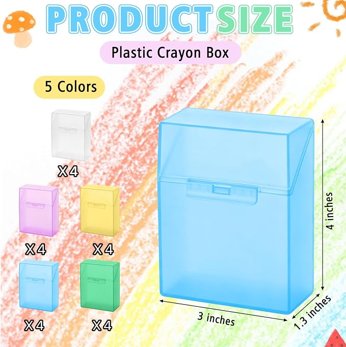 20 Pieces Plastic Crayon Box Clear Crayon Holder Case 24 Crayons with Hinged Lid and Snap Closure for School Classroom Office Art Craft Supply (20 PCS, Multicolored)
