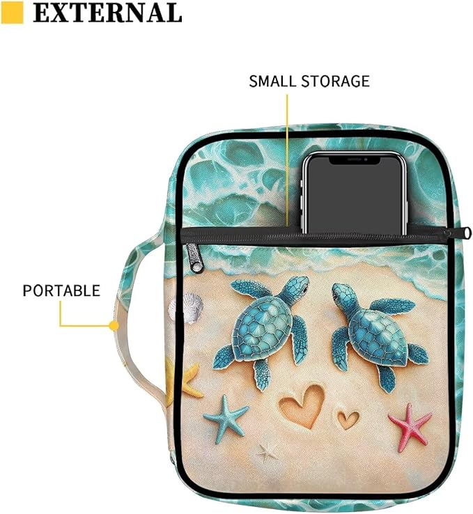 Suobstales Beach Turtle Starfish Seashell Heart Print Bible Cover Carrying Book Case for Women Men Lightweight Bible Bag Bible Protective with Handle and Zippered Pocket