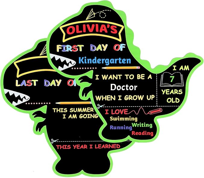First and Last Day of School Board Reusable, Back to School Chalkboard Sign, Double Sided Preschool Kindergarten Signs for Kids Girls Boys (Cute Dinosaur)