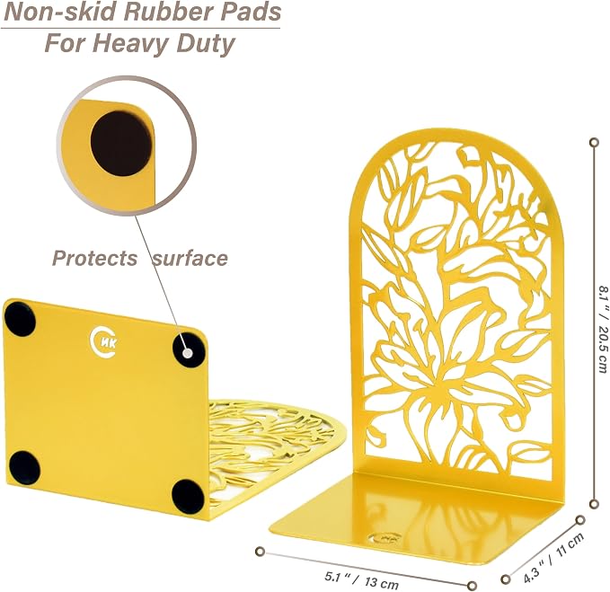 CNK Premium Bookends, Metal Book Stoppers for Heavy Books, Home Office & Decor (Lily Flower Gold)