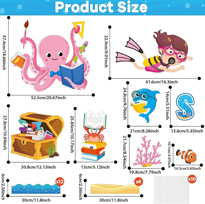 gisgfim Under The Sea Bulletin Board Decorations Classroom Dive Into Reading Summer Ocean Bulletin Board Borders Sea Animal Fish Treasure Box Cutouts Decor for School Library Chalkboard Wall(Ocean)