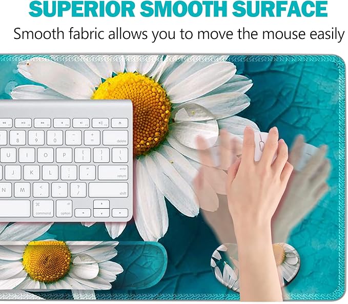 ARTSO Large Gaming Mouse Pad Set, Keyboard Wrist Rest Support + Mouse Wrist Cushion + Extended Mousepad + Coaster, 35x15.5in Multifunctional Desk Mat 4pcs, Cute Daisy