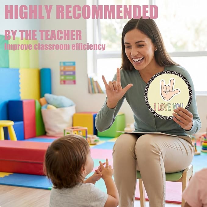 MotiMind 15 Pcs Classroom Hand Signal Cards Signal with Adhesive Tapes Decor Classroom Learning Bulletin Board Hand Signals Language Posters for Teachers Students Visual Cues (Multicolor Circular)