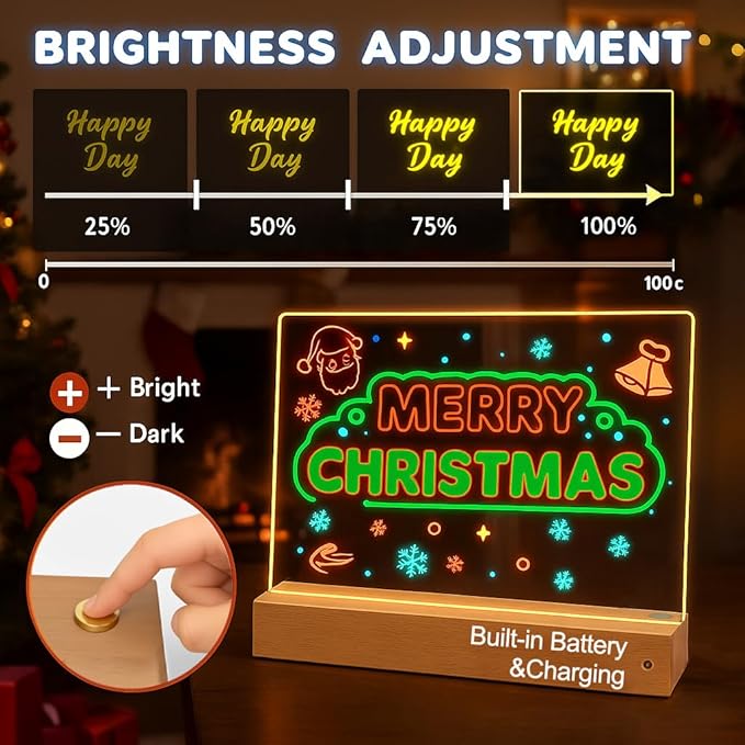 16 Inch LED Glow Drawing Board,Rechargeable Light-Up Message Board with Detachable Acrylic Panel Wood Base Dimmable Night Light Sketch Pad