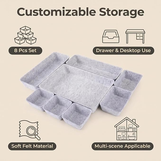 Desk Drawer Organizer Bins, 8pcs Felt Shallow Bathroom Storage Trays, Office Accessories & Workspace Organizers Jewelry & Makeup Boxes Containers(Grey)