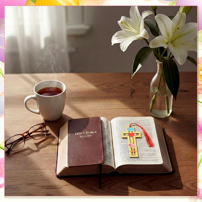 Yexiya 100 Pcs/ 50 Sets Christian Cross Crafts for Kids Wooden Religious Cross Bookmarks with Tassels for Baptism Sunday School Christian Religious Gifts for Vacation Bible Classroom and Church Events