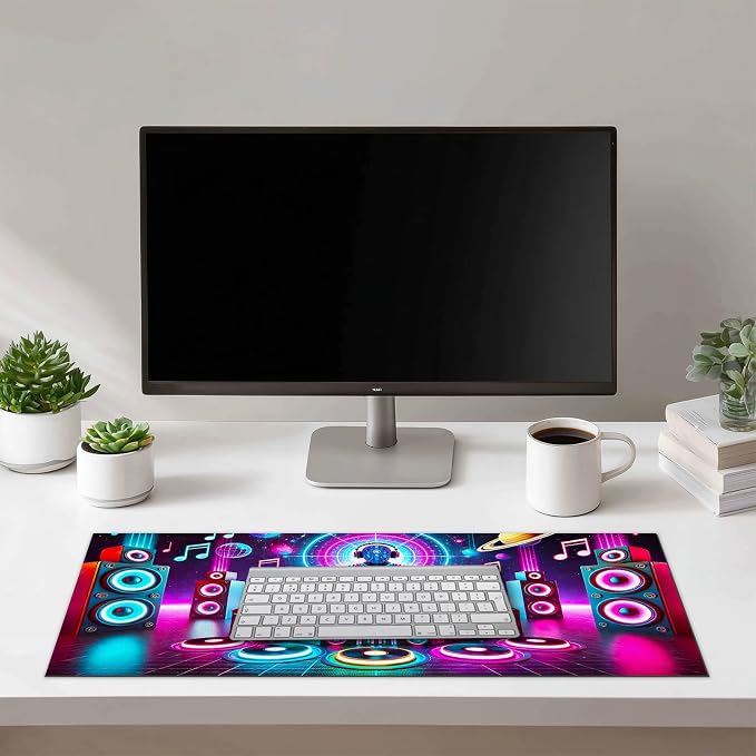 HOMETITUTE Large Mouse Pad 31.5 x 11.8 Inch Neon DJ Music Desk Mat Extended Keyboard Mousepad Non Slip Waterproof Gaming Desk Pad Futuristic Party Design for Home Office