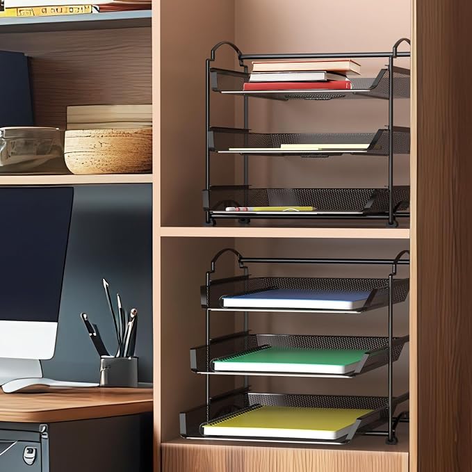 Simple Houseware 3-Tier Stackable and Sliding Desktop Document Letter Tray Organizer, Black