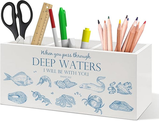 Coastal Beach Christian Bible Verse Pen Holder, Christian Gifts Office Pen Pencil Holder Organizer for Desk Accessories, Ocean Religious Wooden Box Desk Decor for Home Office Desk Decorations