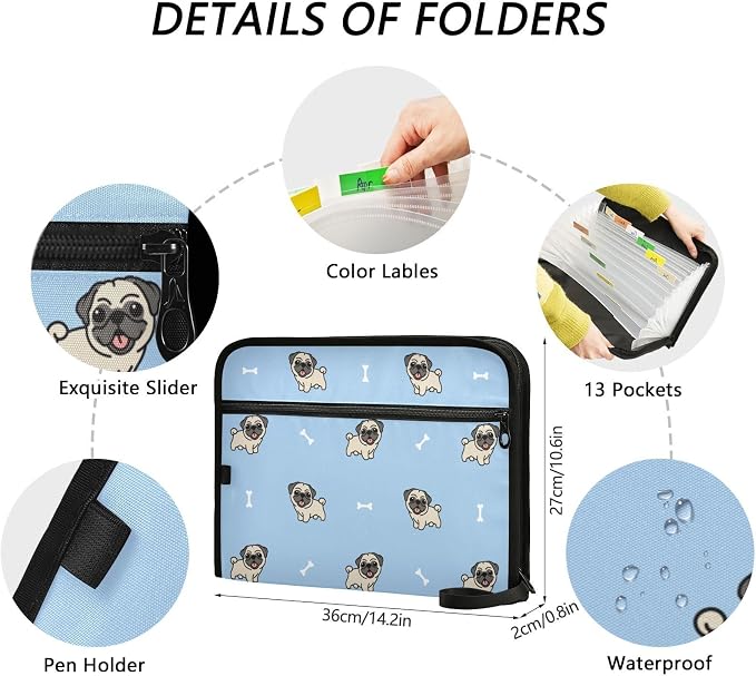 Cute Pug Dogs Cartoon File Folders,Plastic Folders with 13 Pockets,Expandable File Folder for Documents School Students Office,Aesthetic Folder with Labels A4 Letter Size