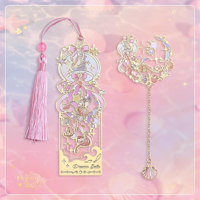 2 Pcs Metal Bookmark Gift Box, Golden Hollow Bookmarks Ocean Painting Theme Book Mark for Women, Book Lovers Writers Readers and Teens, Perfect for Birthday and Graduation Gifts(Pink)