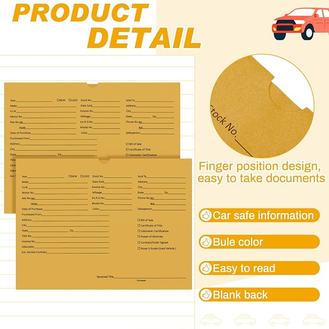 Watersay 120 Pcs 9 x 12 In Vehicle Dealer Jackets for Car Sales 32lb Colored Printed Deal Envelopes Dealership Supplies File Jackets Automotive Folders for Car Dealerships (Classic,Cowhide Yellow)