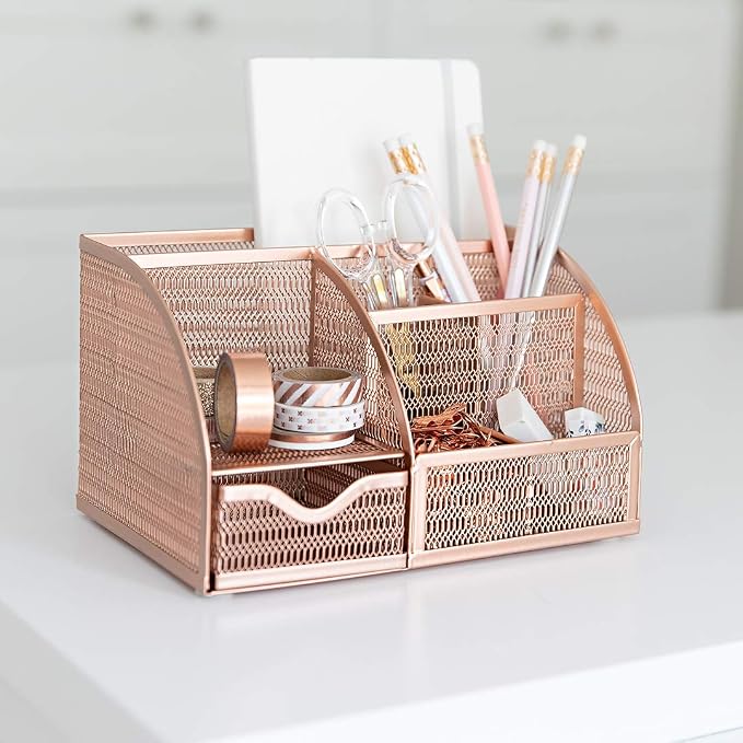 BLU MONACO Rose Gold Mesh Metal Desk Organizer with Drawer – 6 Compartments for Office Supplies & Accessories