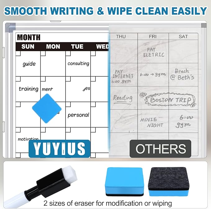 Calendar Whiteboard for Wall, 24" x 18" Double Sided Monthly Dry Erase Board Calendar for Office, Home, School, Hanging Cork Board White Board Combo, Portable Magnetic Dry Erase Planner Board
