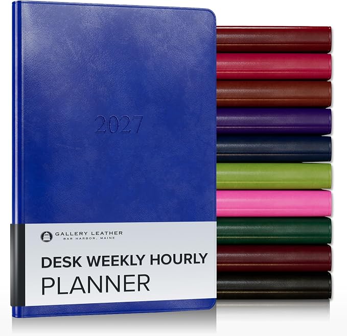 Gallery Leather Desk Hourly Weekly Monthly Planner 2027, Elegantly Bound Calendar Planner and Notebook with Stylish Gold-Gilded Page Edges, 12 Months - Acadia Malibu - 8x5.5"