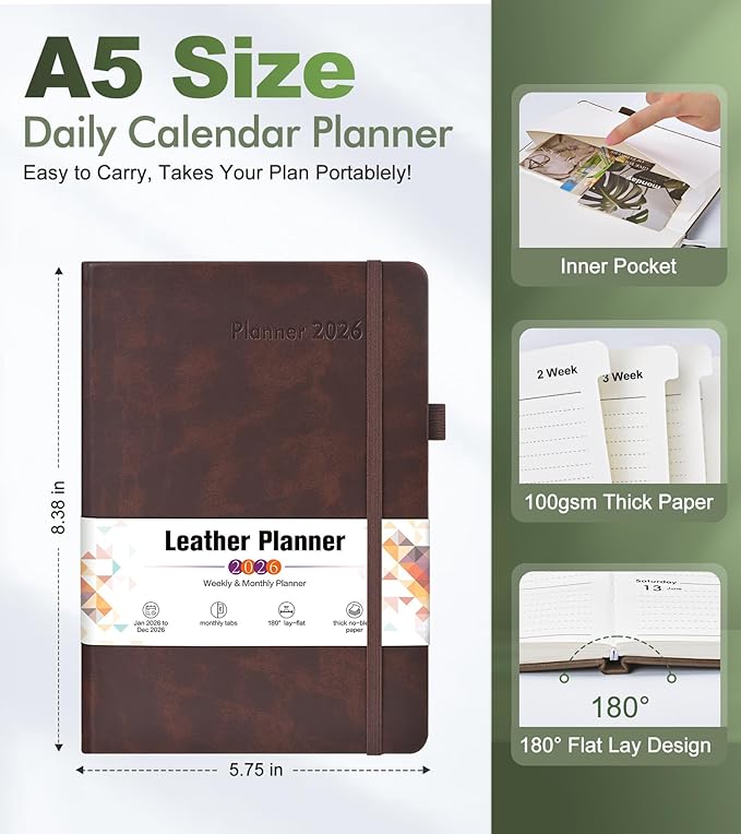 2026 Weekly & Monthly Planner, 12 Months Hardcover Planner from January 2026 - December 2026, Leather Agenda Organizer Book 2026 with Tabs, Daily Calendar Planners for Work School Home, A5 (5.75" x 8.38"), Brown
