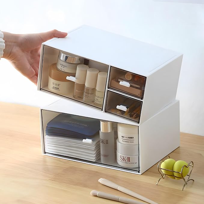 Desk Organizer and Storage with 1 Deep Drawer, Plastic Stackable Desktop Accessories & Workspace Organizer for Office Stationary Bathroom Craft Makeup, White