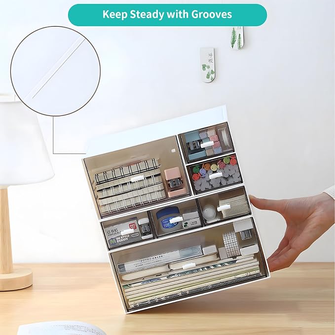 Desktop Stackable Storage 3 Drawers, Blue Plastic Stationery Drawer Organiser, Makeup Desk Organiser Storage Box, Small Drawers Storage Unit, 1 Deep Layer