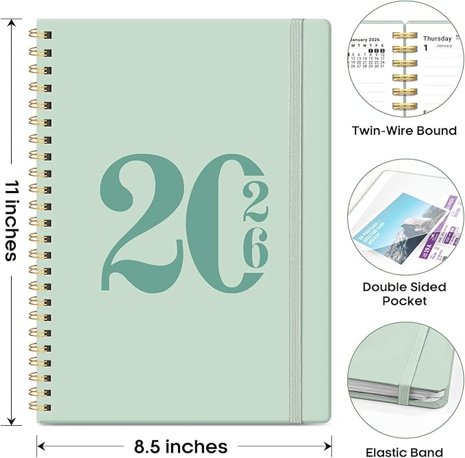 2026 Planner, Weekly and Monthly Calender Planner, Jan 2026 to Dec 2026, Hardcover 2026 Calendar Book with Tabs & Inner Pocket, Office Home School Supplies for Women & Men - A4 (8.5" x 11"), Mint