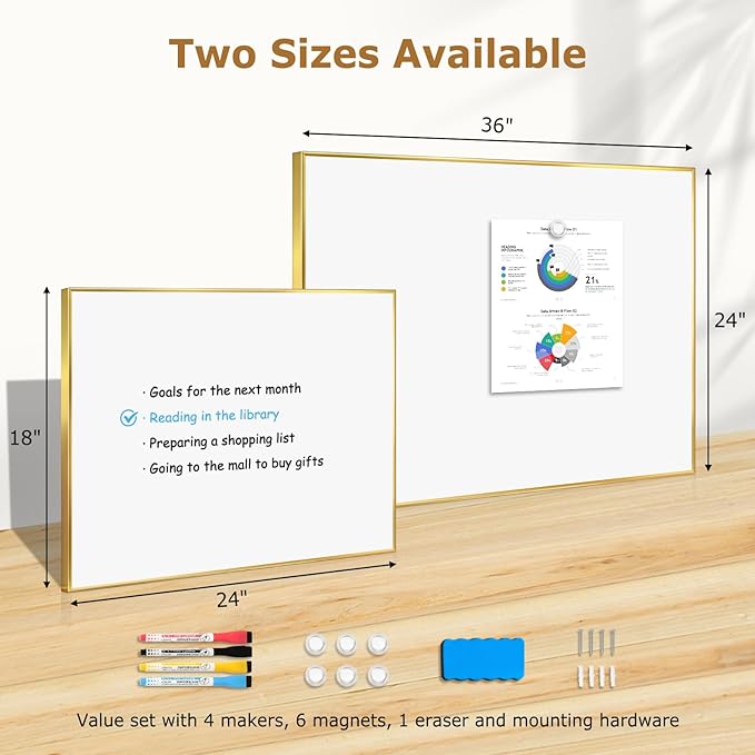 Magnetic Whiteboard, 36"x24" Gold Aluminum Frame Dry Erase White Board for Wall, Large Wipe Board with 6 Magnets, 4 Markers & 1 Eraser for Home and Office